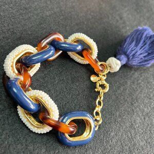 J Crew Navy Blue, Cream, Tortoiseshell Enamel Gold Jumbo Link Bracelet